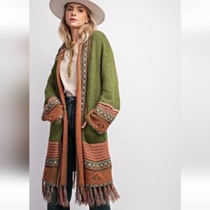 New never worn easel Olive Green & Rust Open-Front Knit Cardigan with Fringe